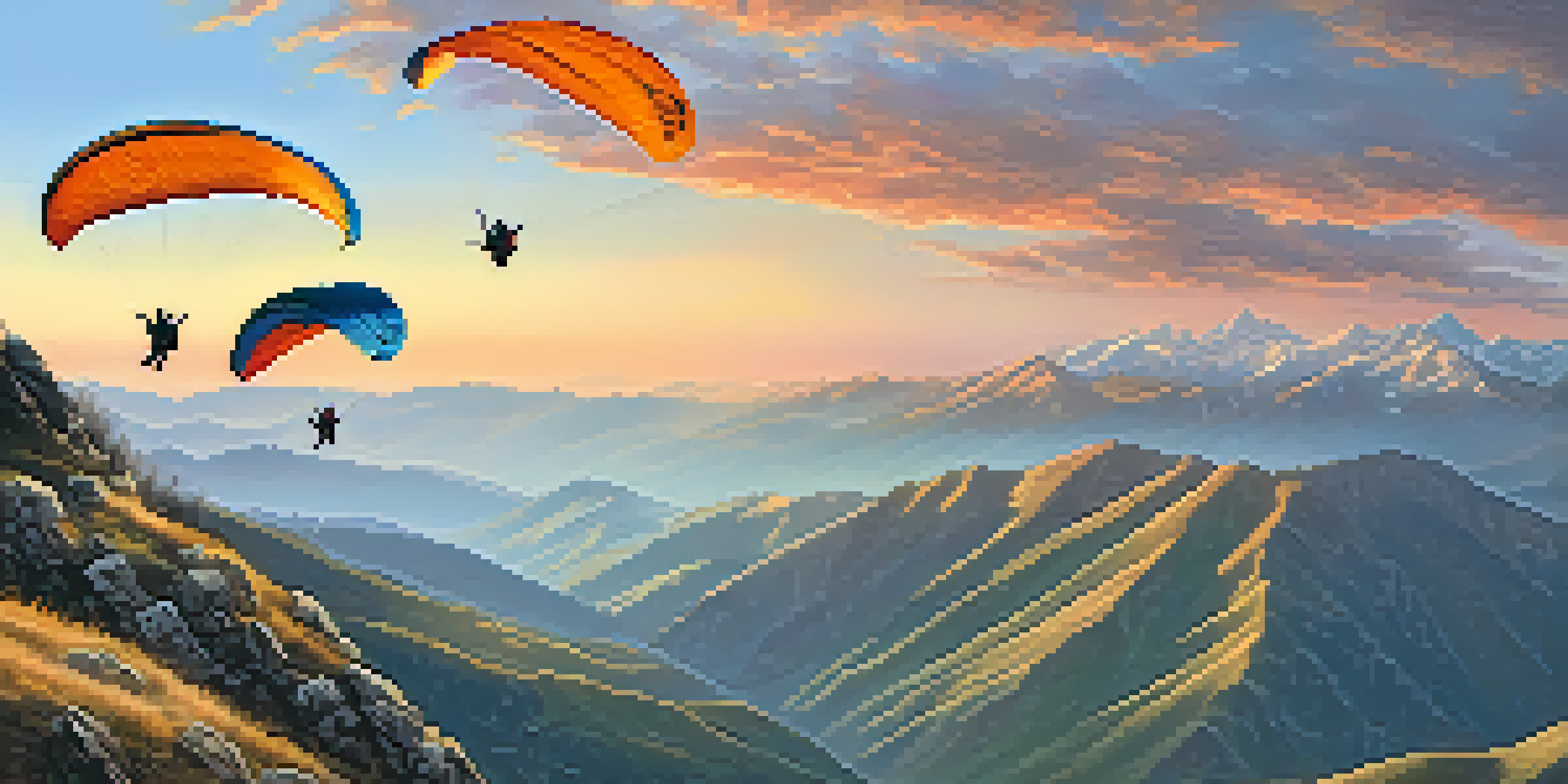 Paragliders flying over the Pyrenees mountains at sunrise, with colorful canopies and misty peaks.