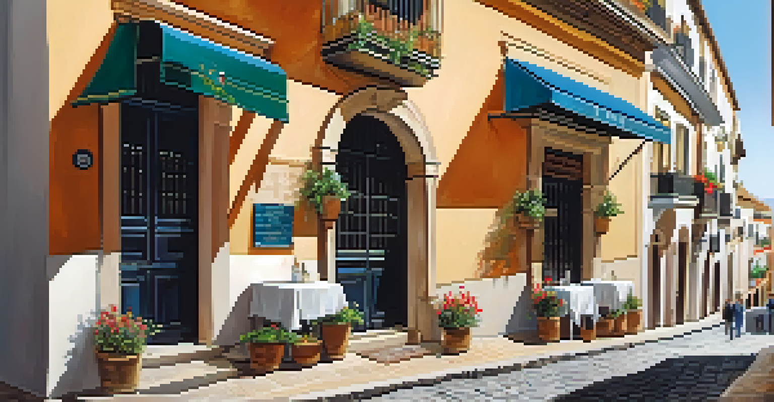 A close-up of Ronda's cobblestone streets with quaint shops, cafes, wrought-iron balconies, and vibrant flowers.