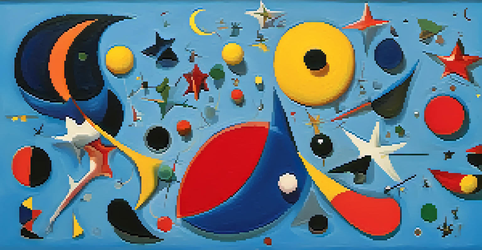 An abstract artwork with playful shapes and vibrant colors, including stars and moons, on a bright blue background.