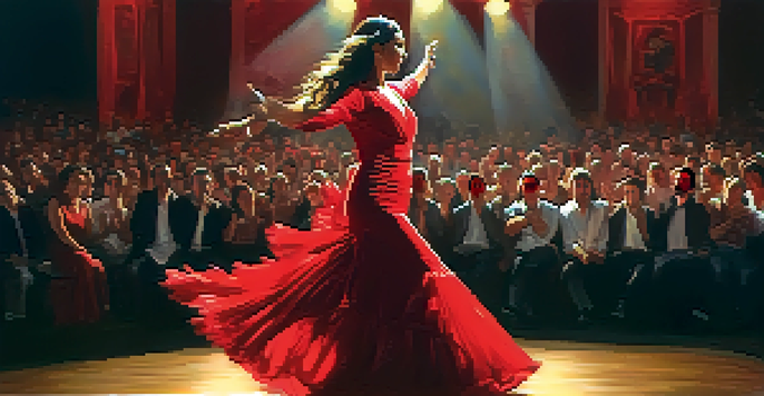 A flamenco dancer in a red dress performing on stage with warm lighting and an engaged audience.