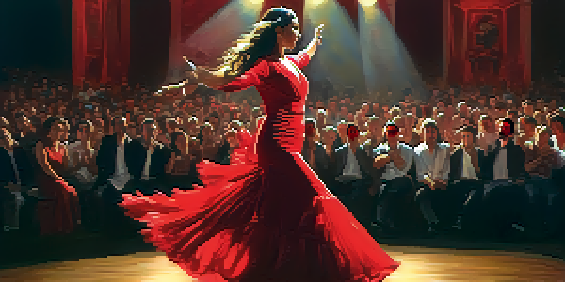 A flamenco dancer in a red dress performing on stage with warm lighting and an engaged audience.