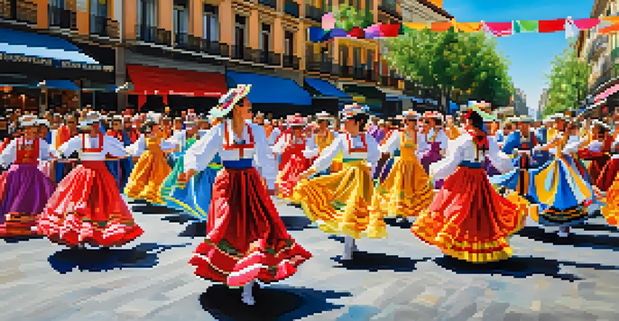 A lively street celebration in Madrid featuring people in traditional costumes, food stalls, and festive decorations.