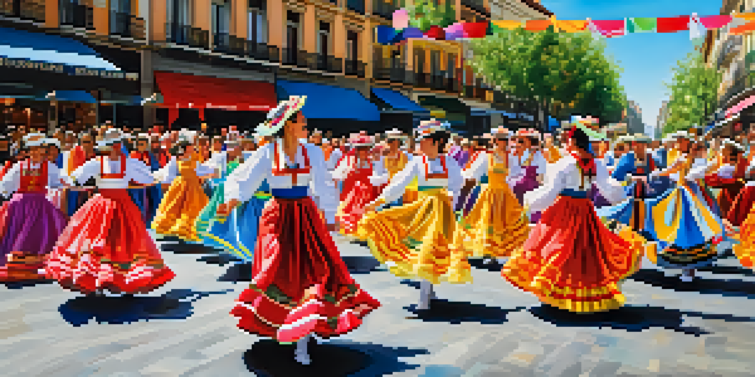 A lively street celebration in Madrid featuring people in traditional costumes, food stalls, and festive decorations.