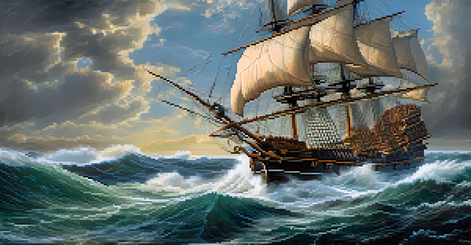 A Spanish galleon sailing through rough ocean waters, with dramatic clouds and crashing waves.