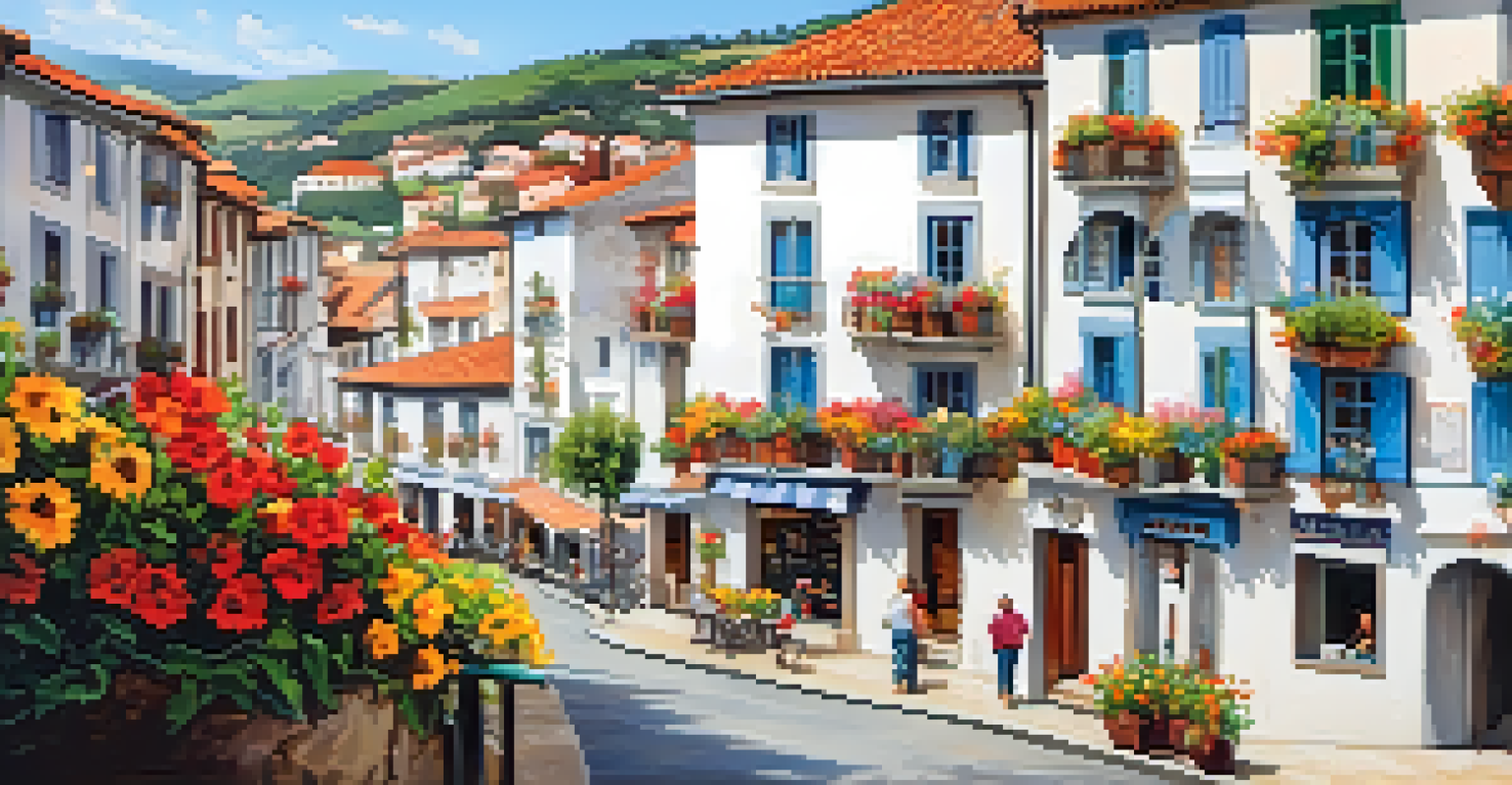 A lively Basque village with families exploring shops, enjoying outdoor dining, and colorful flowers on buildings.