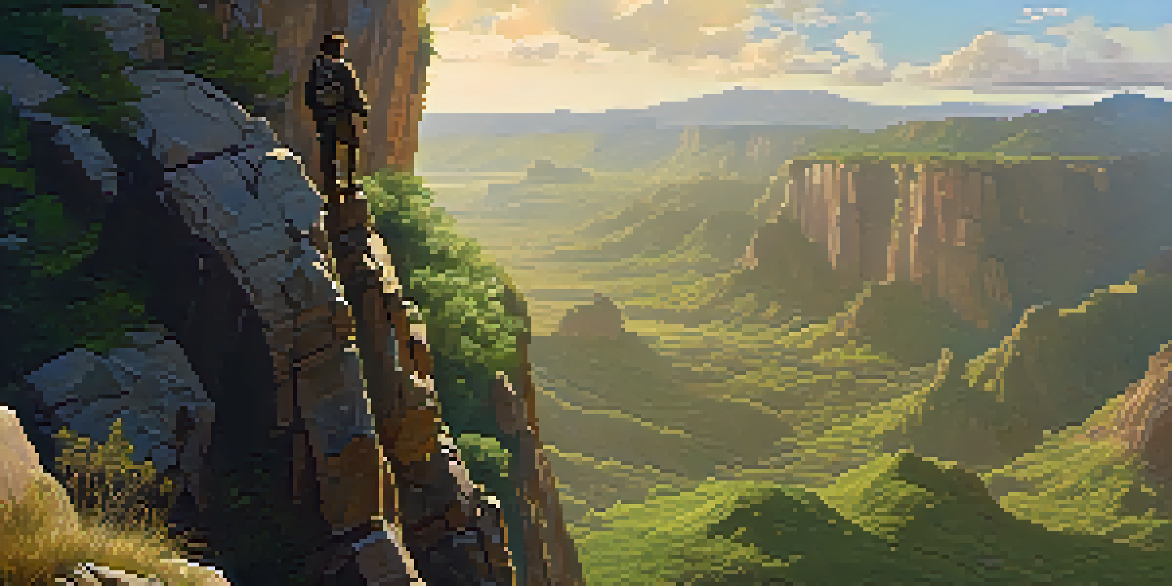 A giant Cíclope with one eye, standing on a cliff with a valley below, illuminated by golden sunlight.