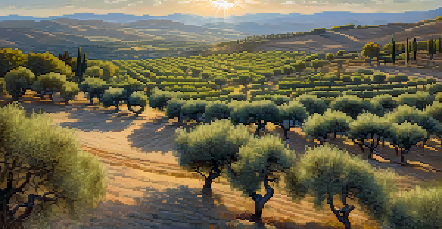 An aerial view of an olive grove in Spain, showcasing ancient trees and a sunset over rolling hills and a distant village.