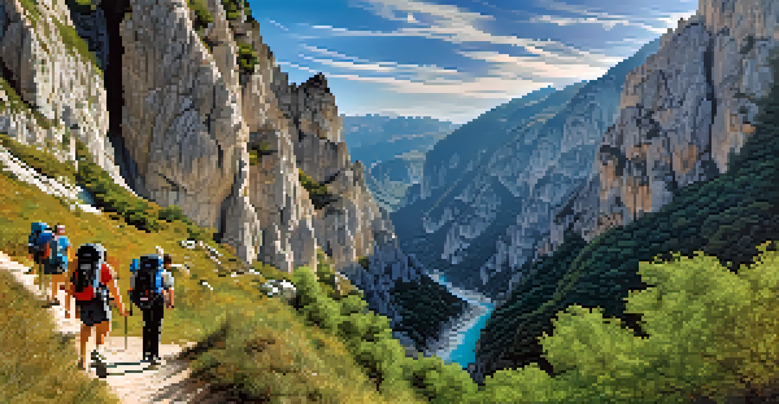 Hikers on the Ruta del Cares trail in Picos de Europa, surrounded by cliffs and a river, enjoying the natural beauty.