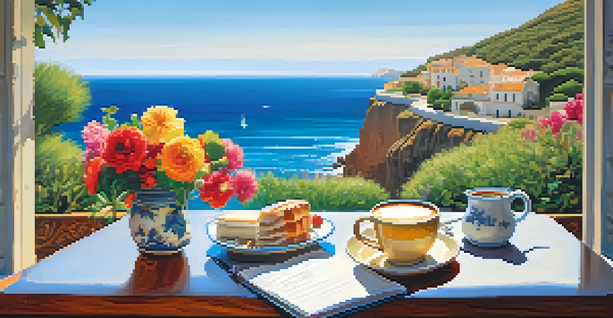 A peaceful seaside café setting for a writer, with a notebook, pen, and coffee, surrounded by cliffs and flowers.