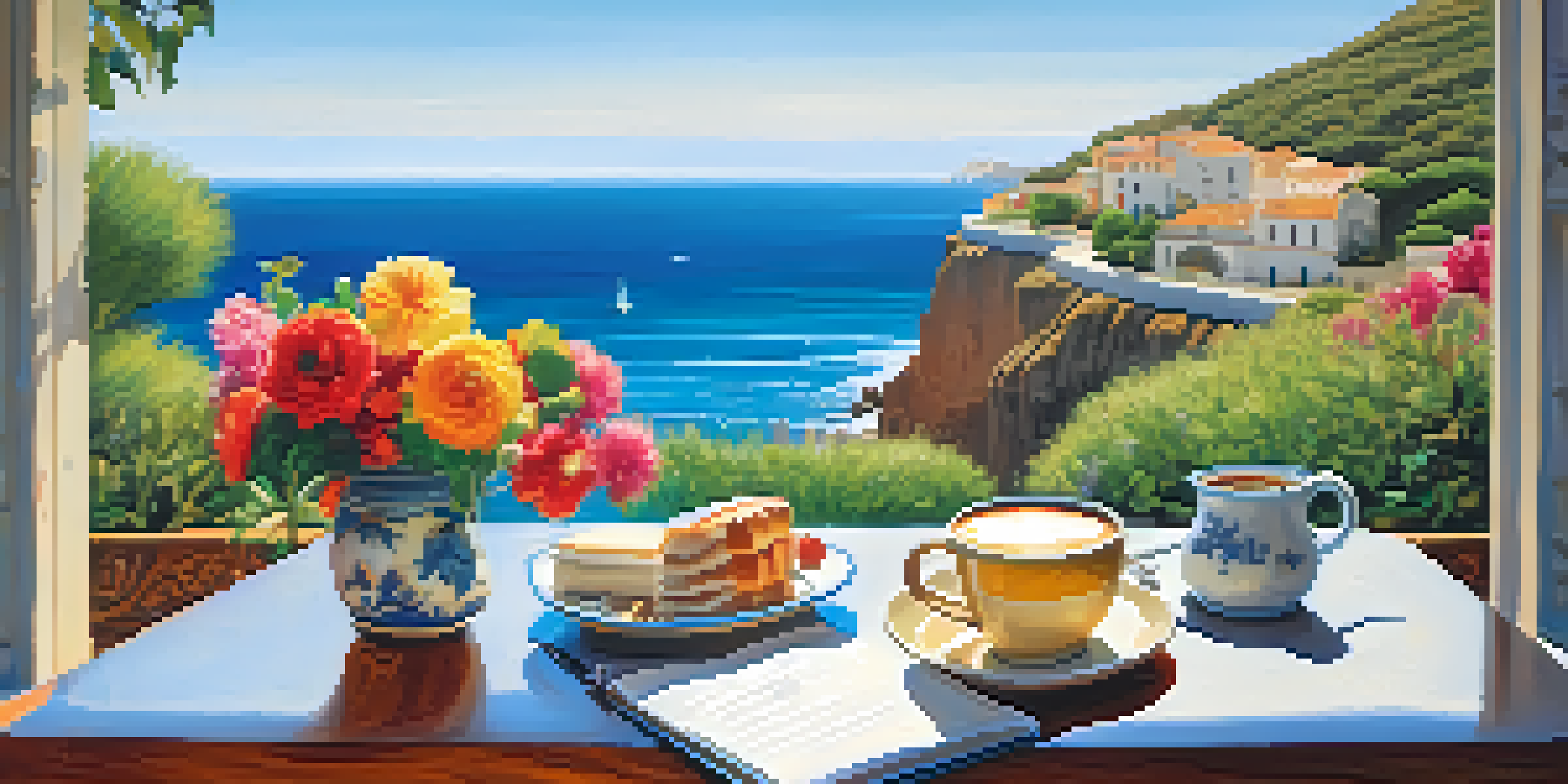 A peaceful seaside café setting for a writer, with a notebook, pen, and coffee, surrounded by cliffs and flowers.