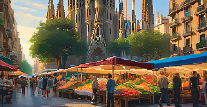 A colorful street market in Barcelona with Sagrada Família in the background during golden hour.