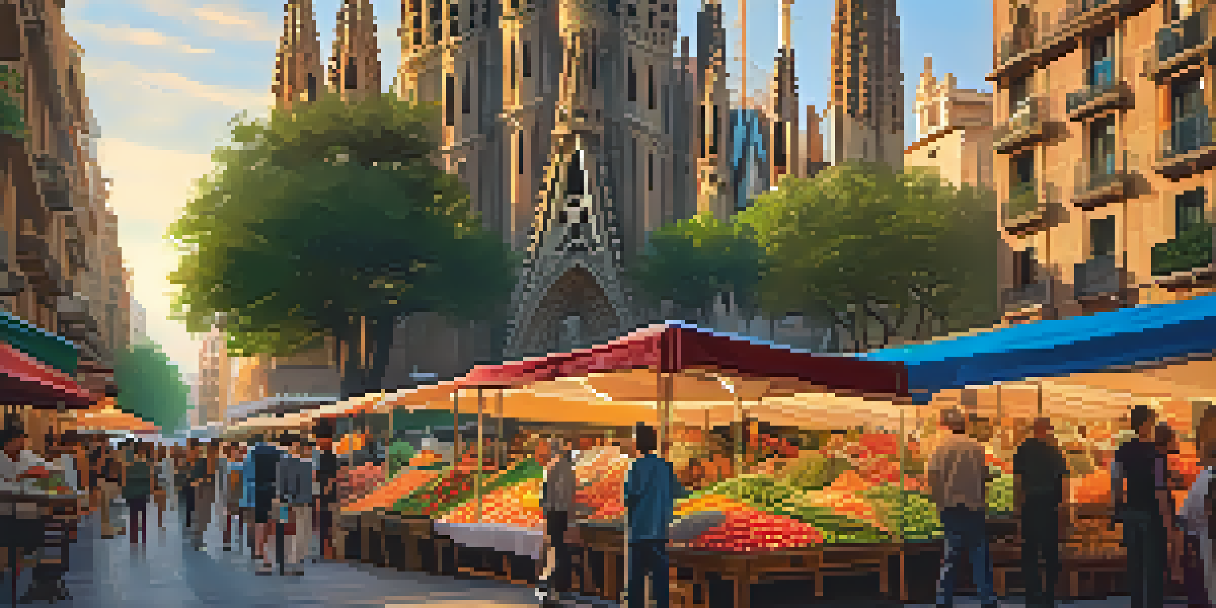 A colorful street market in Barcelona with Sagrada Família in the background during golden hour.