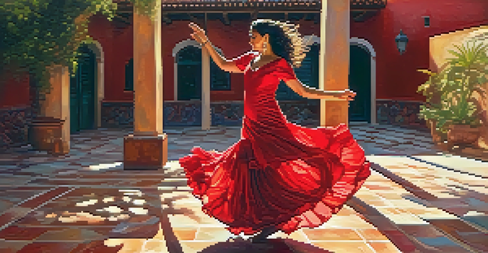 A Flamenco dancer in a red dress performing in a Spanish courtyard, with sunlight creating shadows.