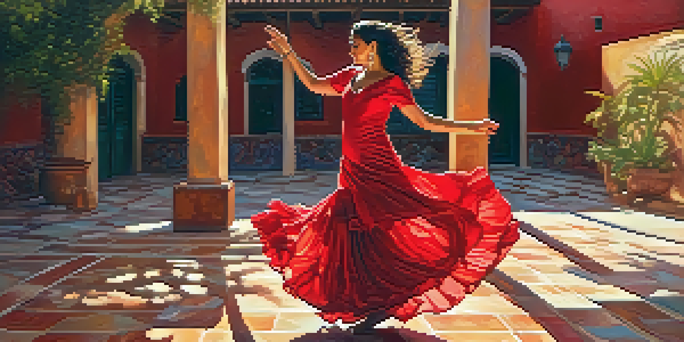 A Flamenco dancer in a red dress performing in a Spanish courtyard, with sunlight creating shadows.