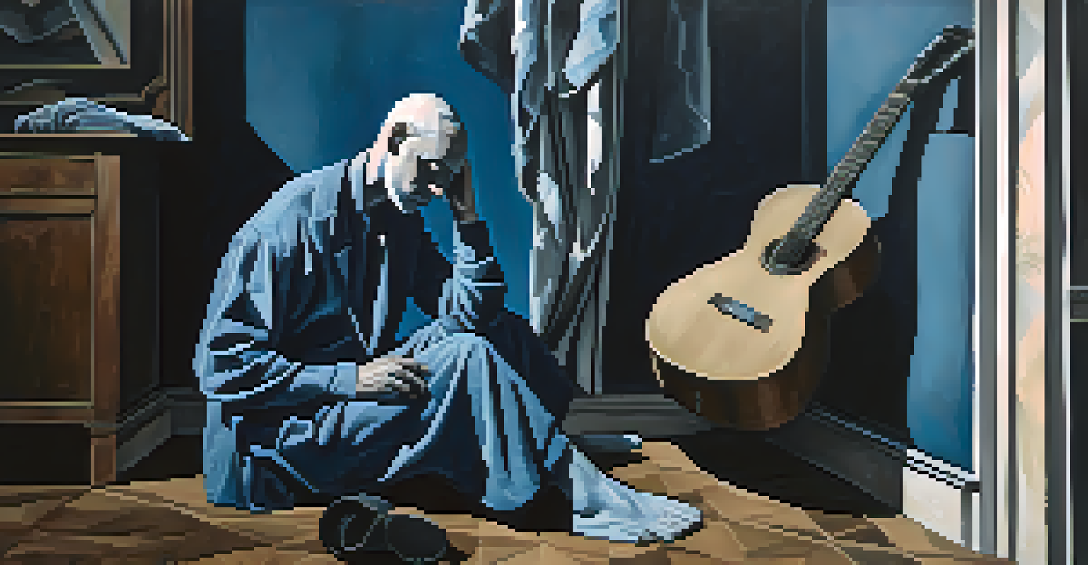 A somber figure with a guitar in a dimly lit room, reflecting the emotions of Picasso's Blue Period.