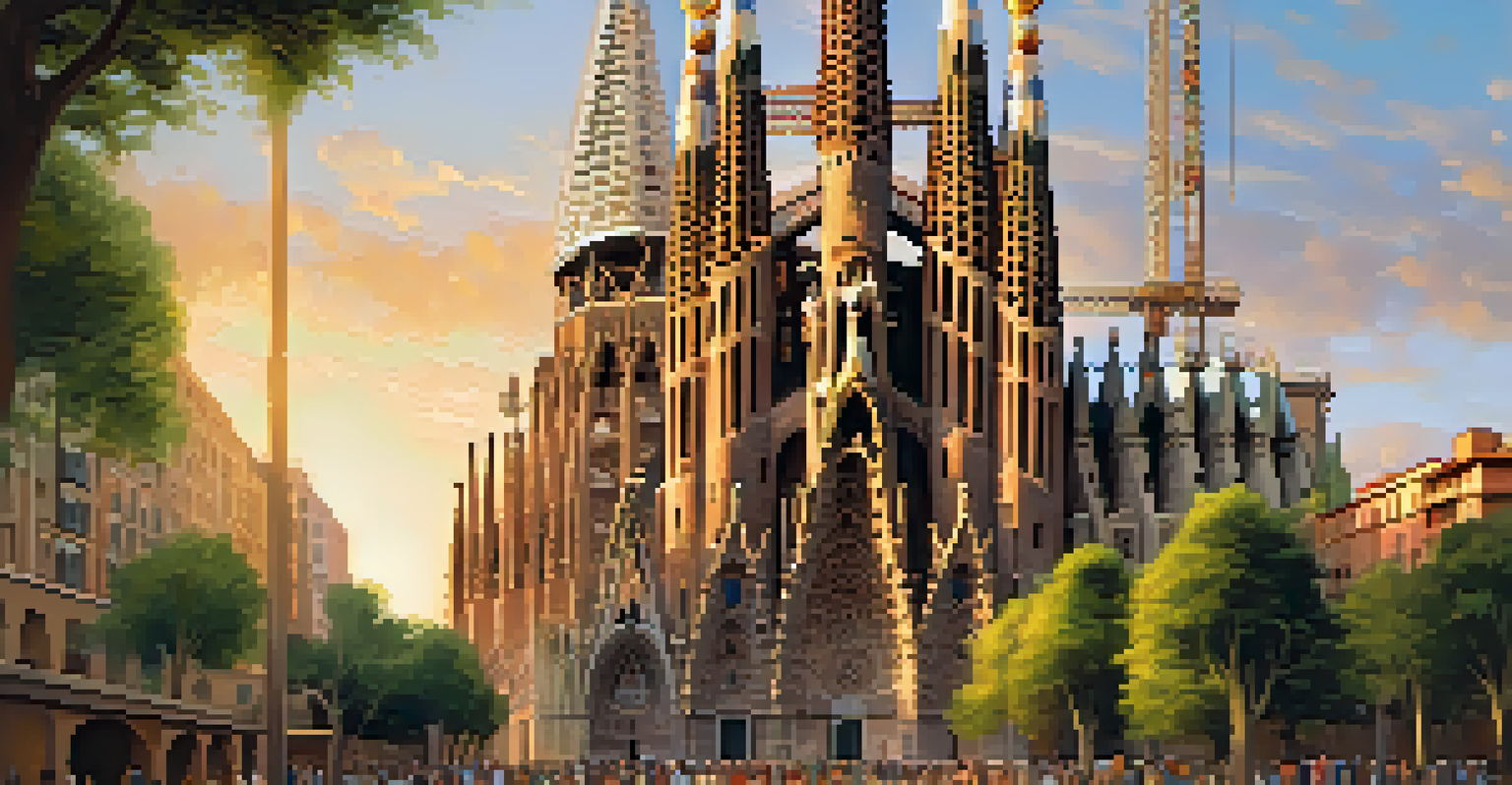 The Sagrada Família in Barcelona at sunset, bathed in warm light, with greenery and people in the foreground.