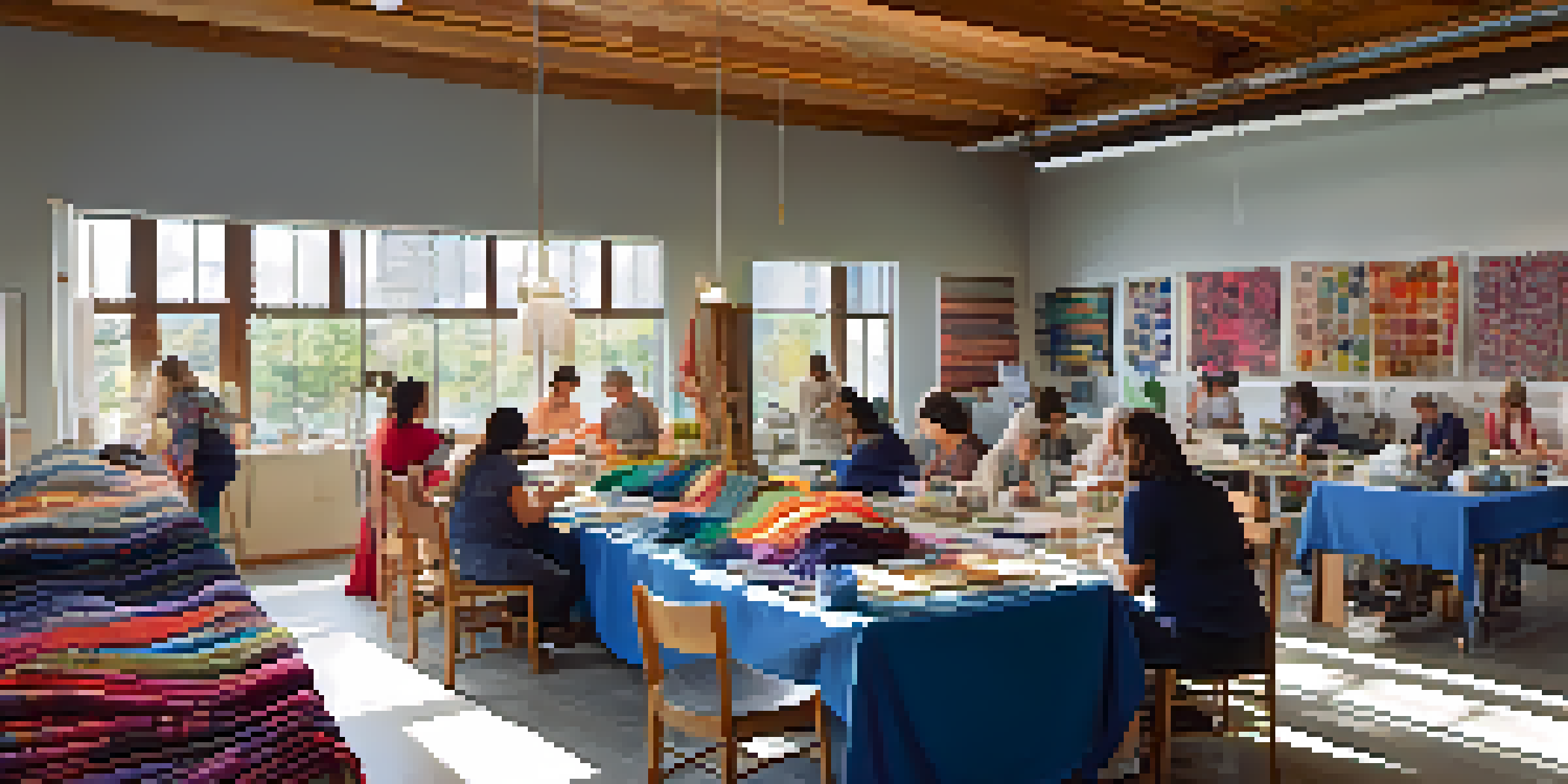 A lively textile art workshop with participants engaged in fabric projects, surrounded by colorful materials and natural light.