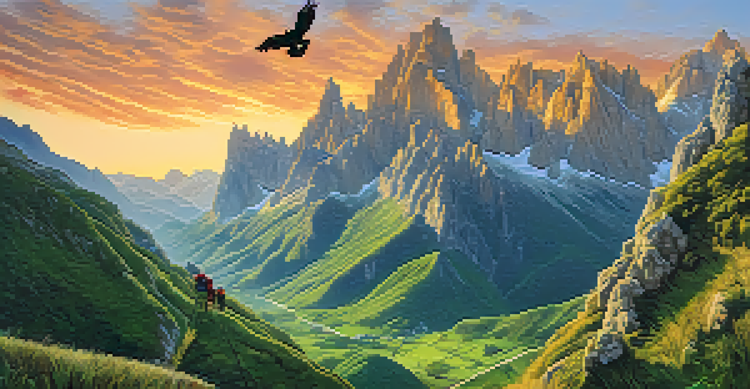 Dramatic mountain landscape of Picos de Europa with a hiker and soaring eagles during sunset.