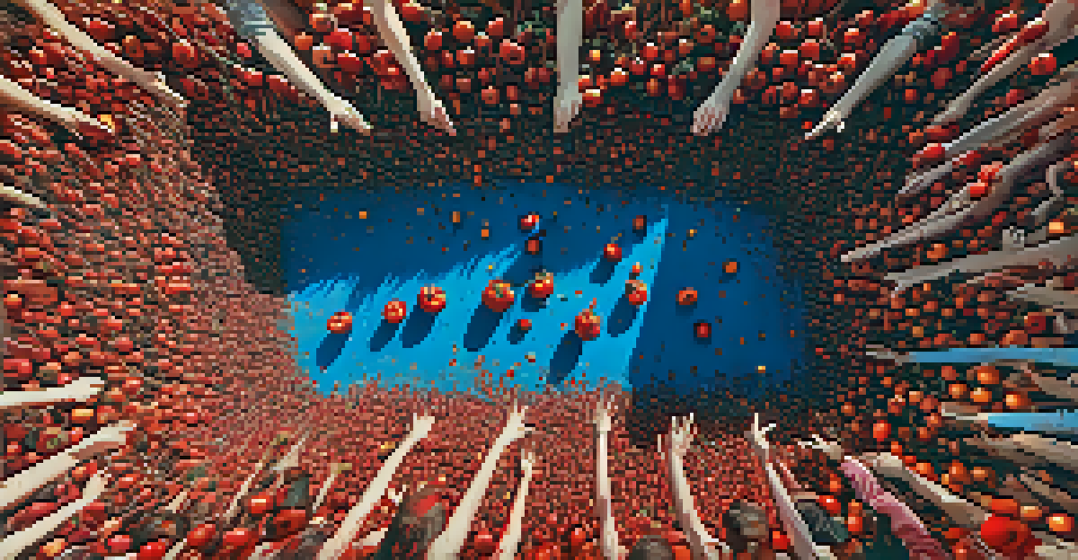 Aerial view of La Tomatina festival in Buñol with people throwing tomatoes and a festive atmosphere.