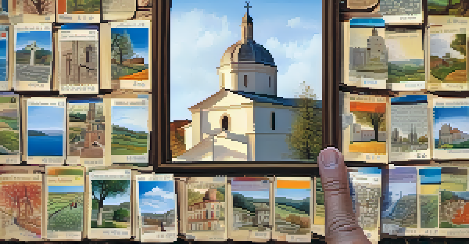 A close-up of a pilgrim's hand holding a stamped passport against a blurred backdrop of a historic church and tree-lined path.