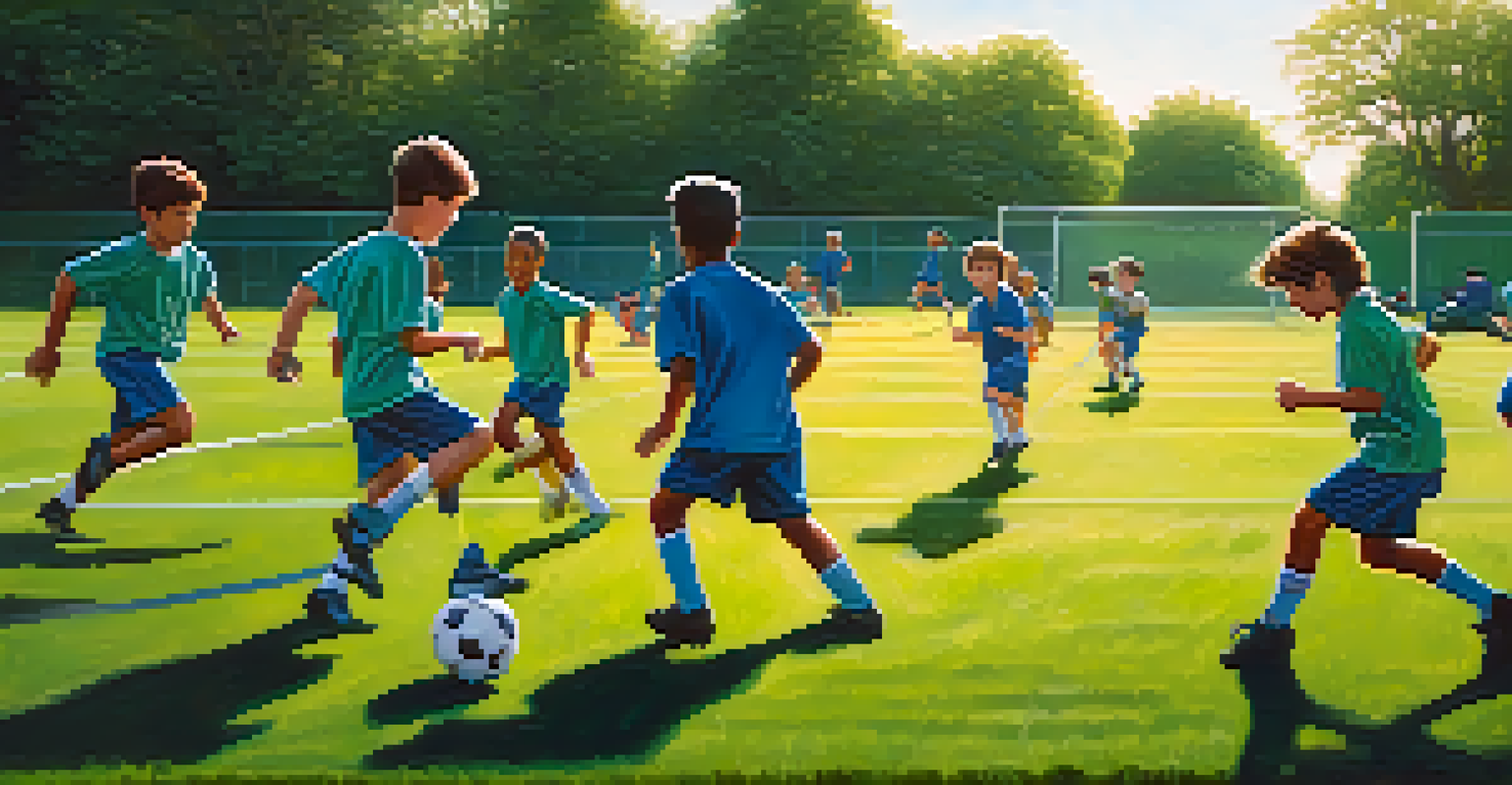 Young football players practicing on a sunny pitch, showcasing teamwork and skill development during a training session at a youth academy.