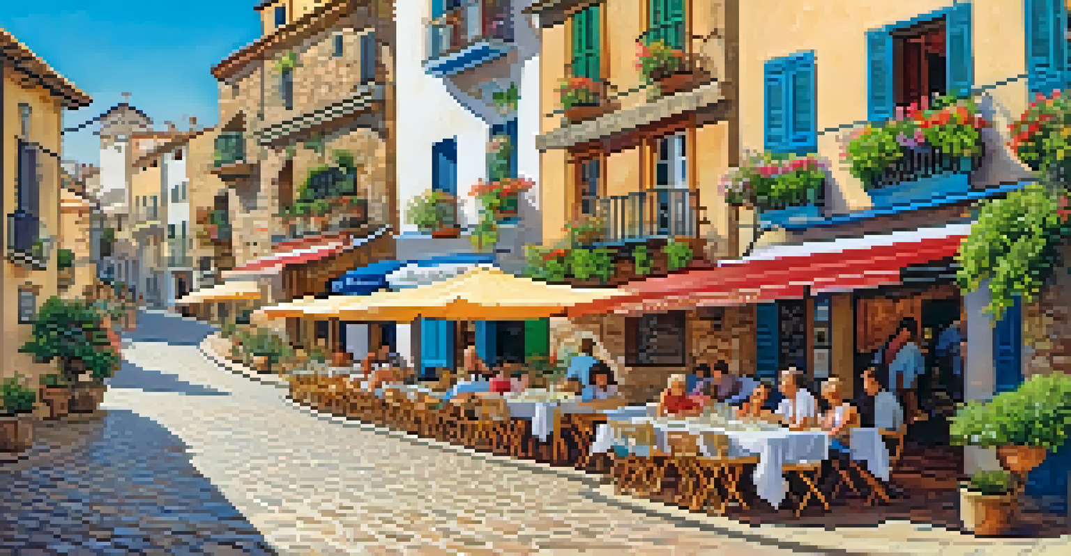 A charming medieval town with cobbled streets and an ancient castle, surrounded by colorful flowers and local people enjoying outdoor cafes.