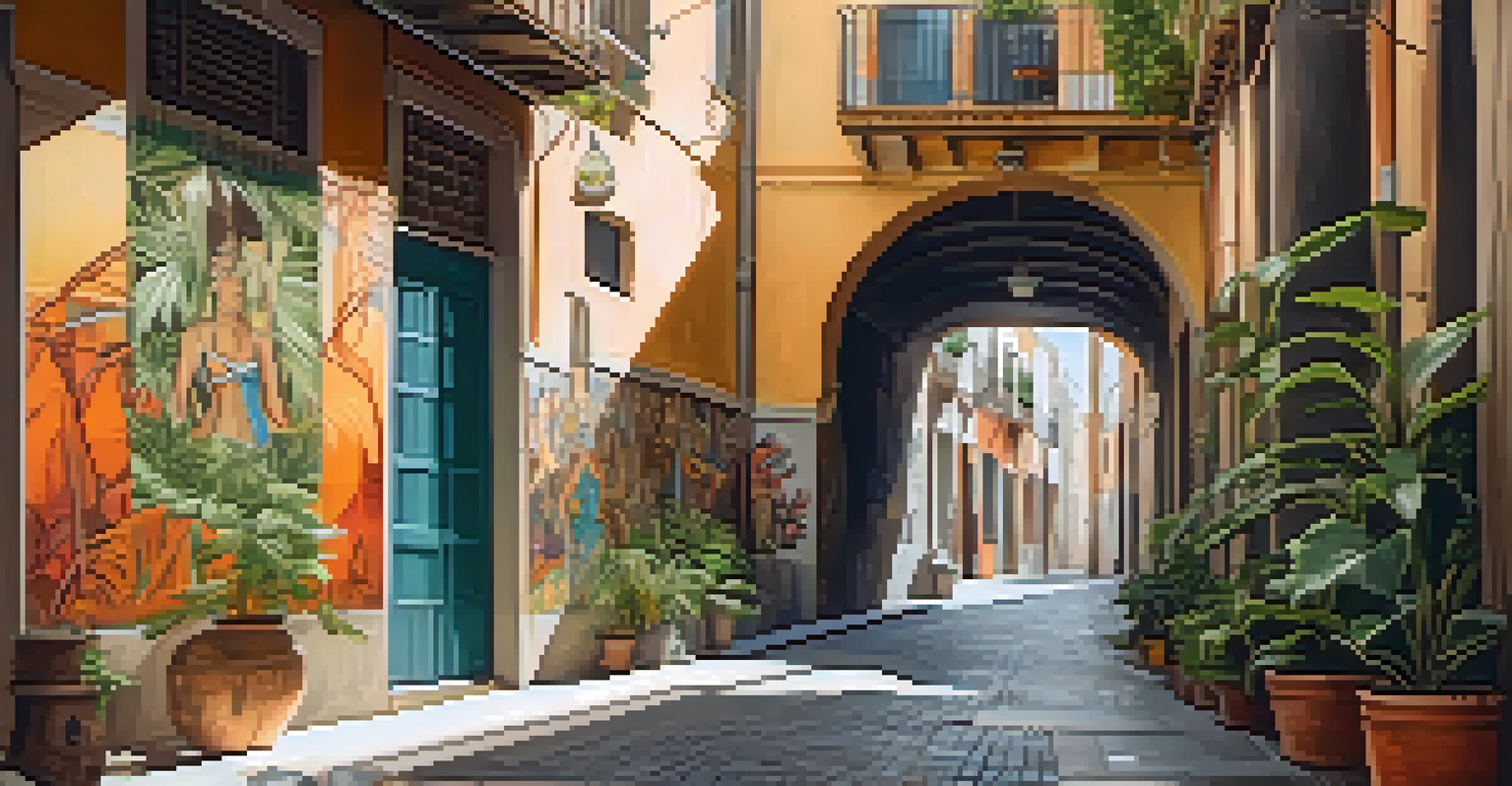 A secluded alleyway in Valencia decorated with detailed street art murals, surrounded by potted plants and soft lighting.