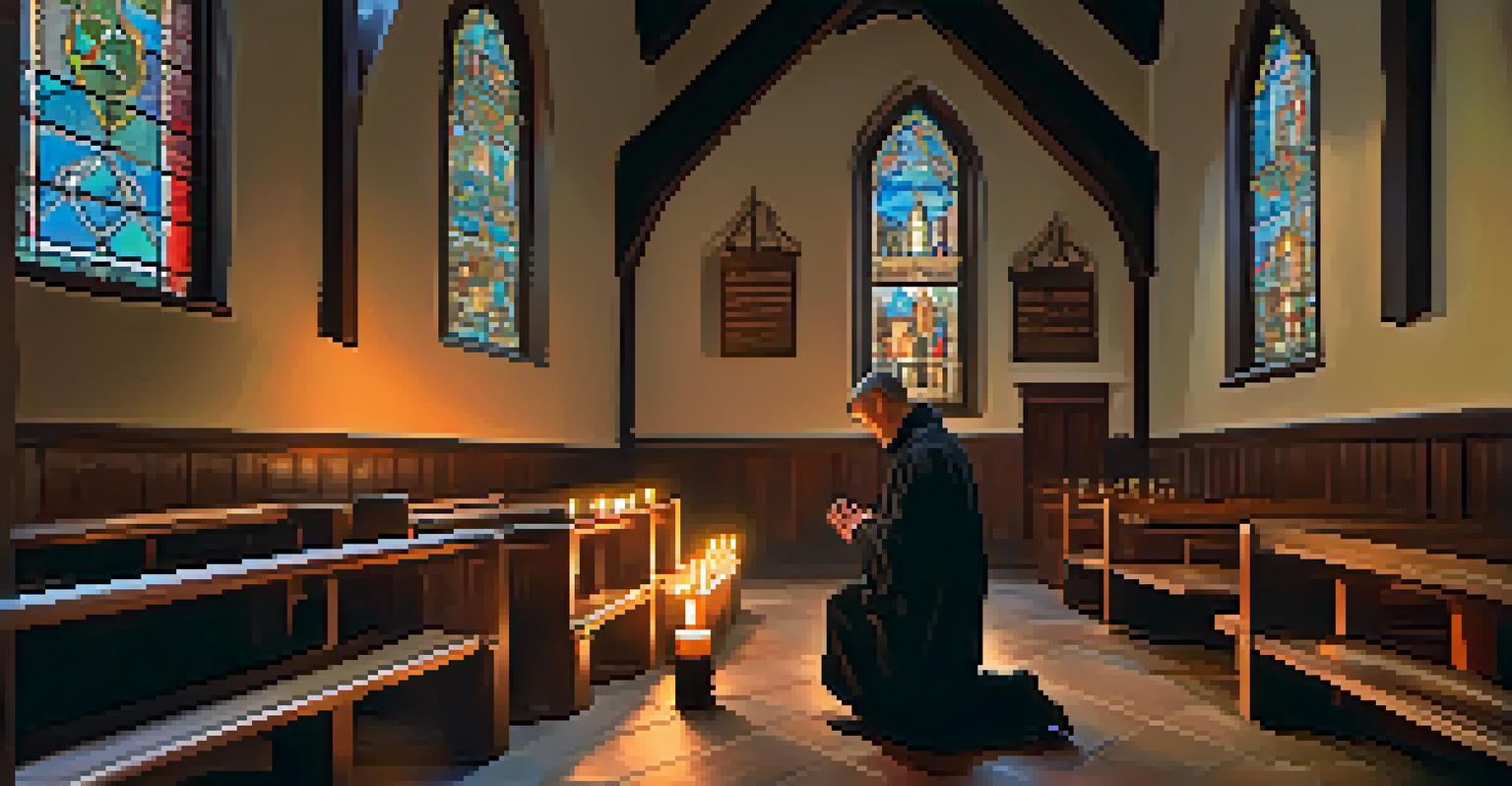 A serene interior of a chapel with stained glass windows and a pilgrim kneeling in prayer, illuminated by candlelight.