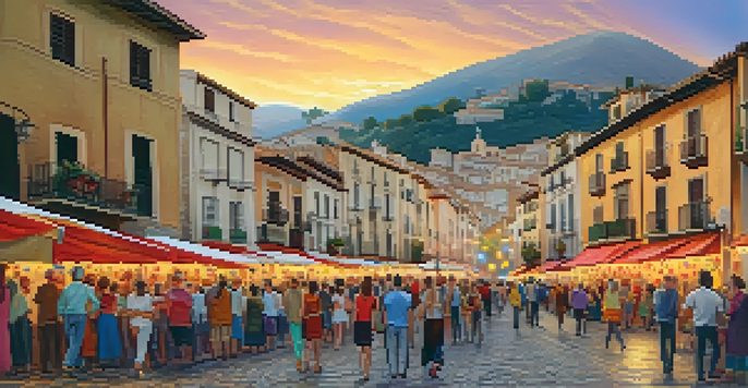 A lively street scene during an art festival in a small Spanish town with colorful banners and local artists showcasing their work.