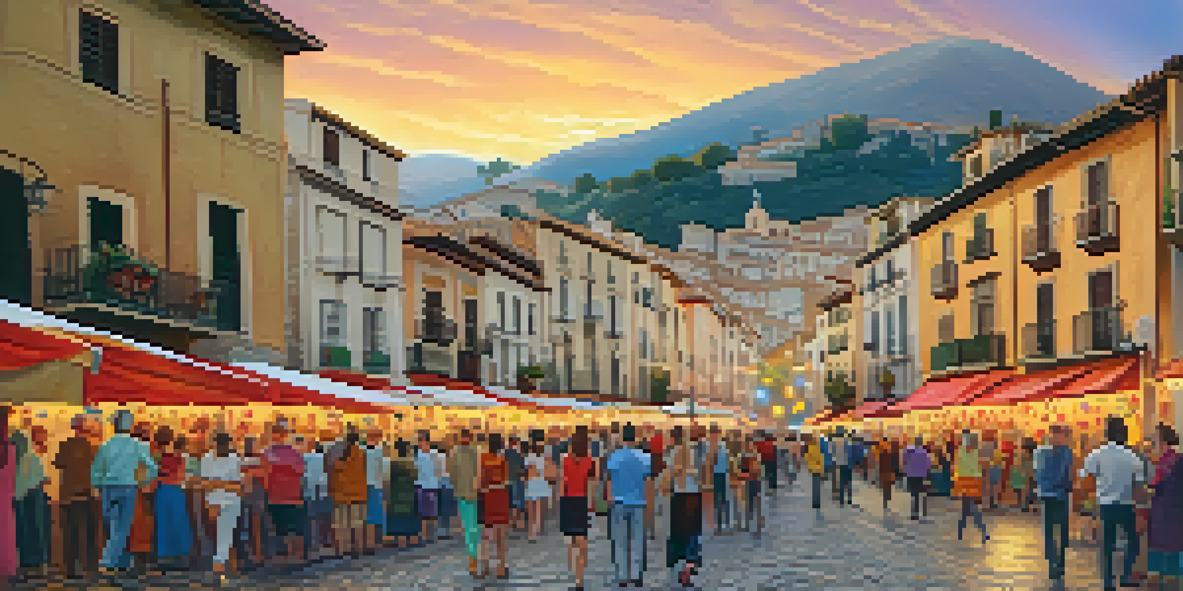 A lively street scene during an art festival in a small Spanish town with colorful banners and local artists showcasing their work.