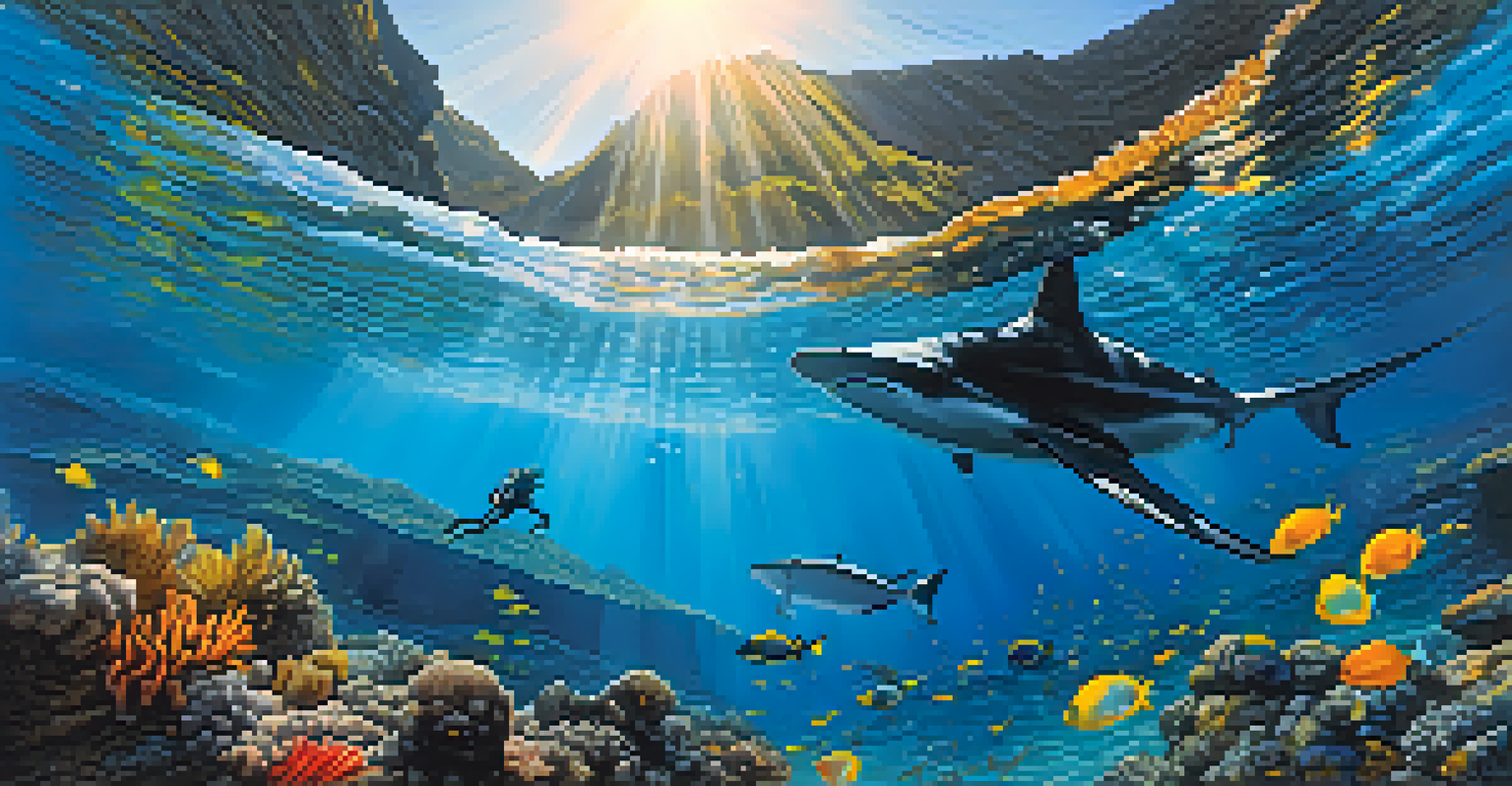 An underwater view of a diver among colorful fish and manta rays in El Hierro.