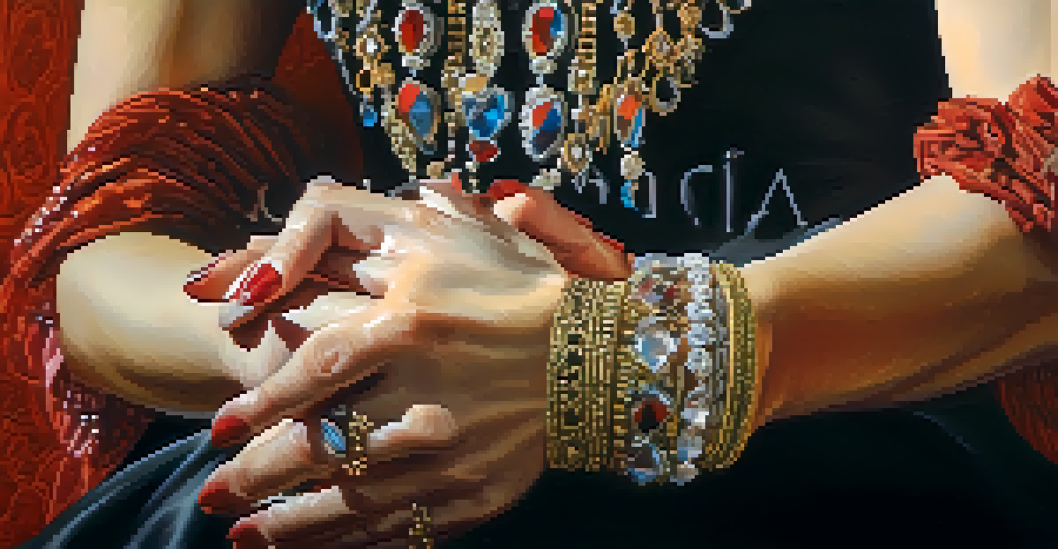 Close-up of a Flamenco dancer's hands adorned with jewelry, expressing rhythm against a blurred background.