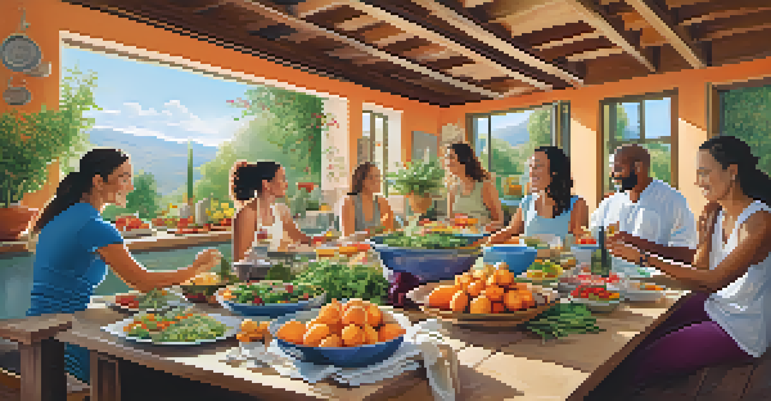 A lively kitchen at a yoga retreat, with participants cooking together and a table full of colorful Mediterranean dishes, fruits, and herbal teas, representing community and healthy living.
