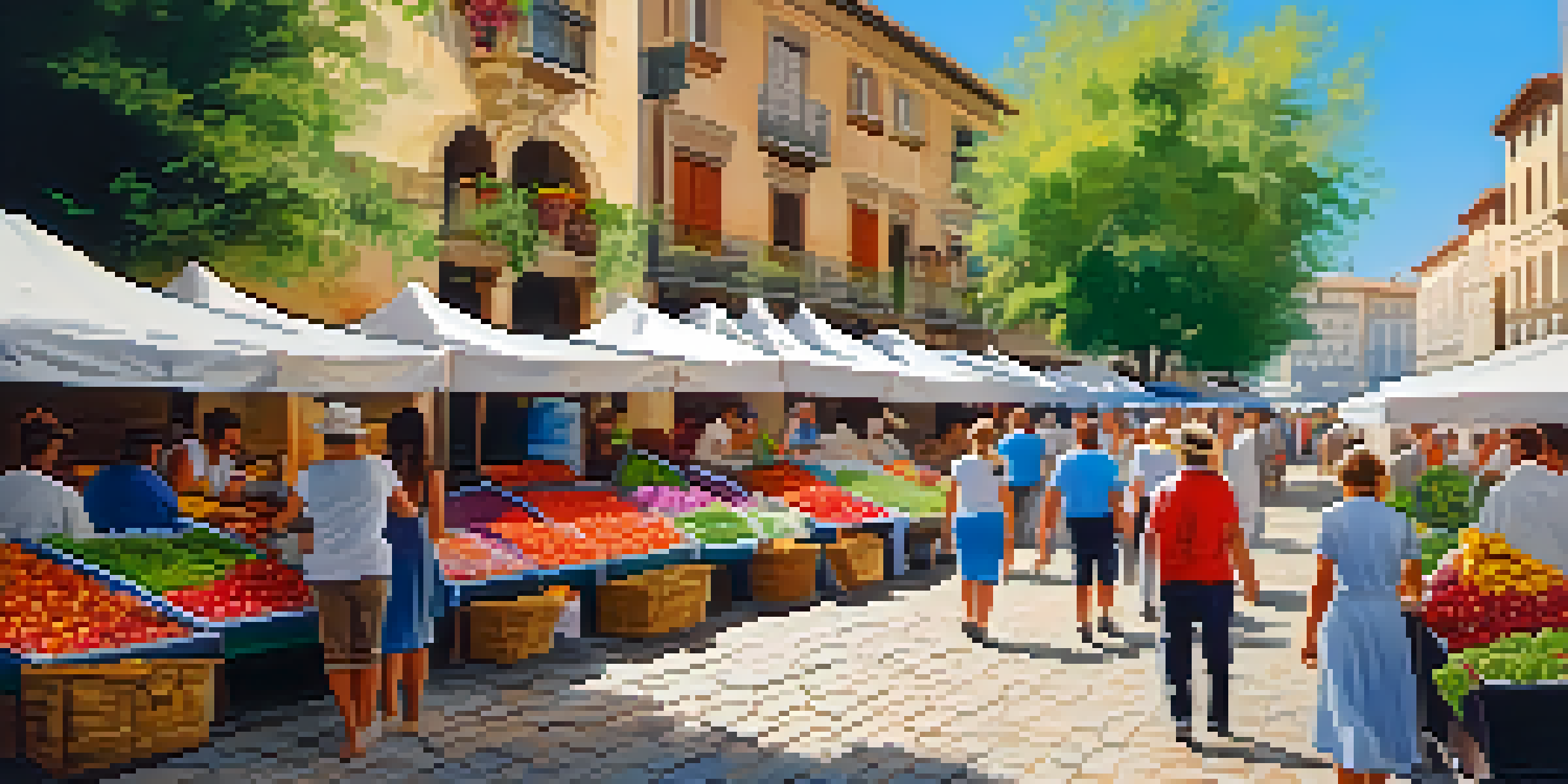 A lively outdoor market in Spain filled with fresh produce and colorful crafts, with sunlight filtering through trees.