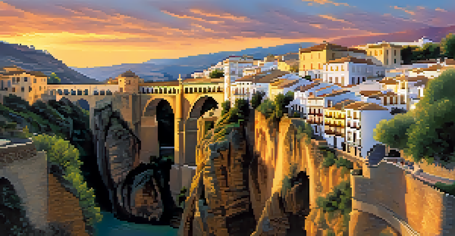 The town of Ronda featuring the Puente Nuevo bridge during sunset with whitewashed houses and cobblestone streets.