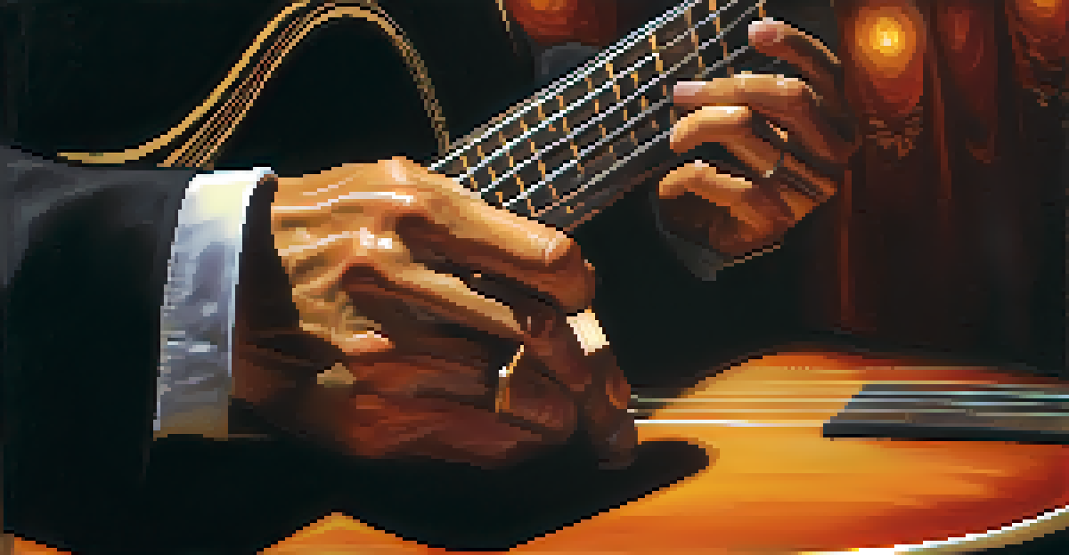A close-up of a guitarist's hands playing a Spanish guitar during a Flamenco performance, with a blurred background of dancers.