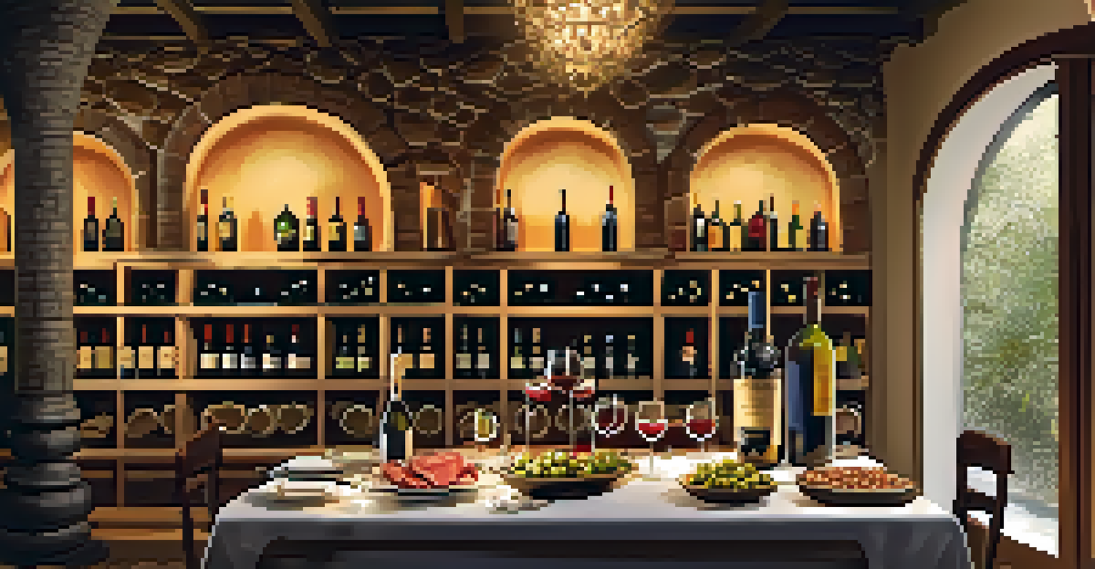 A beautifully arranged table in a wine cellar with Sherry bottles and traditional tapas, illuminated by warm lighting.
