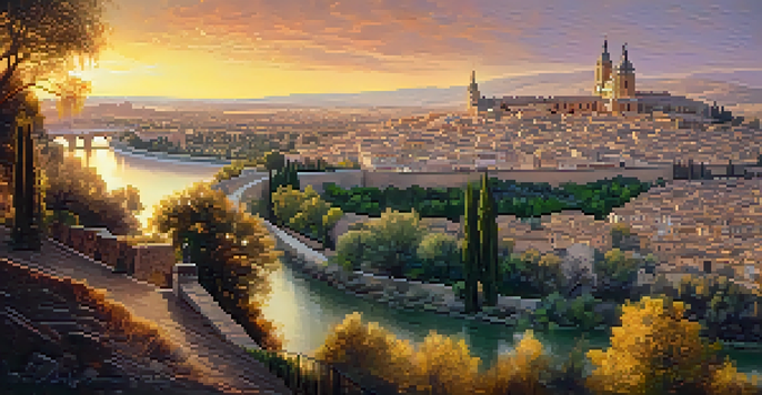 A panoramic view of Toledo, highlighting the Toledo Cathedral and Alcázar during golden hour, with the Tagus River reflecting sunset colors.