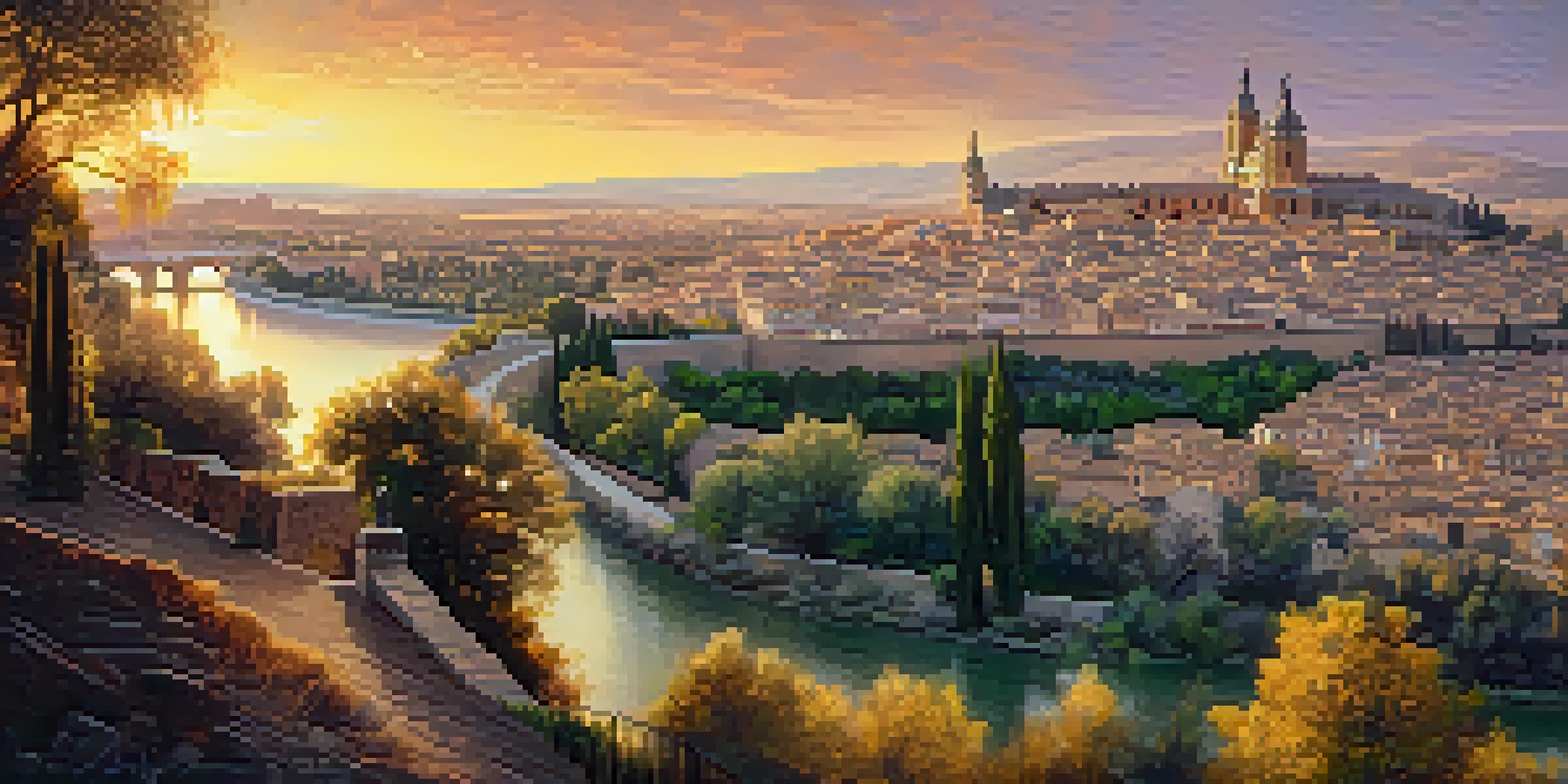 A panoramic view of Toledo, highlighting the Toledo Cathedral and Alcázar during golden hour, with the Tagus River reflecting sunset colors.