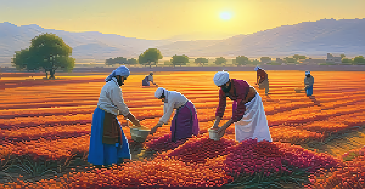 Farmers harvesting saffron flowers in a field during sunset.