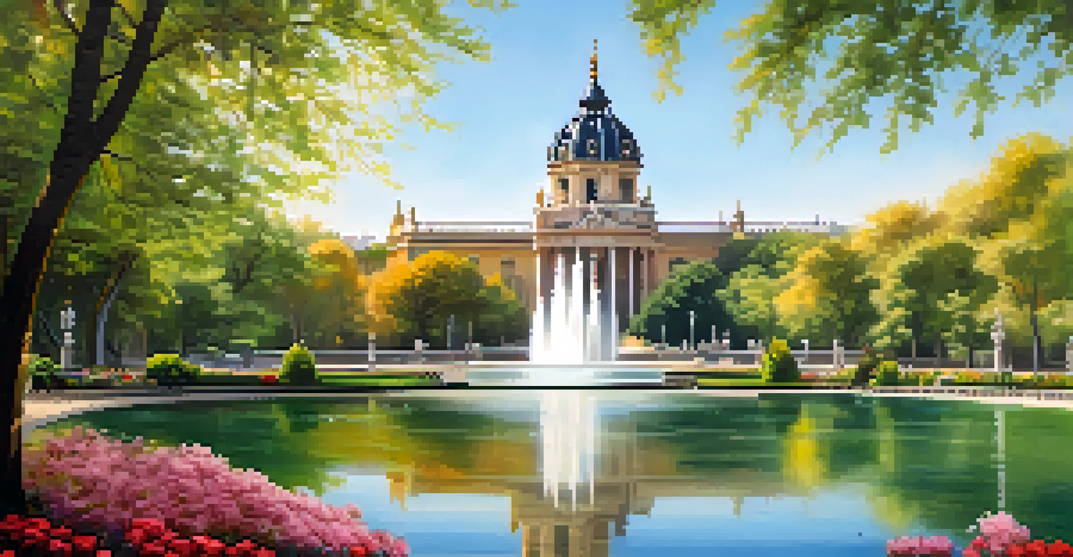 The Crystal Palace in Retiro Park, surrounded by trees and flowers, with a calm lake reflecting the beautiful scenery.