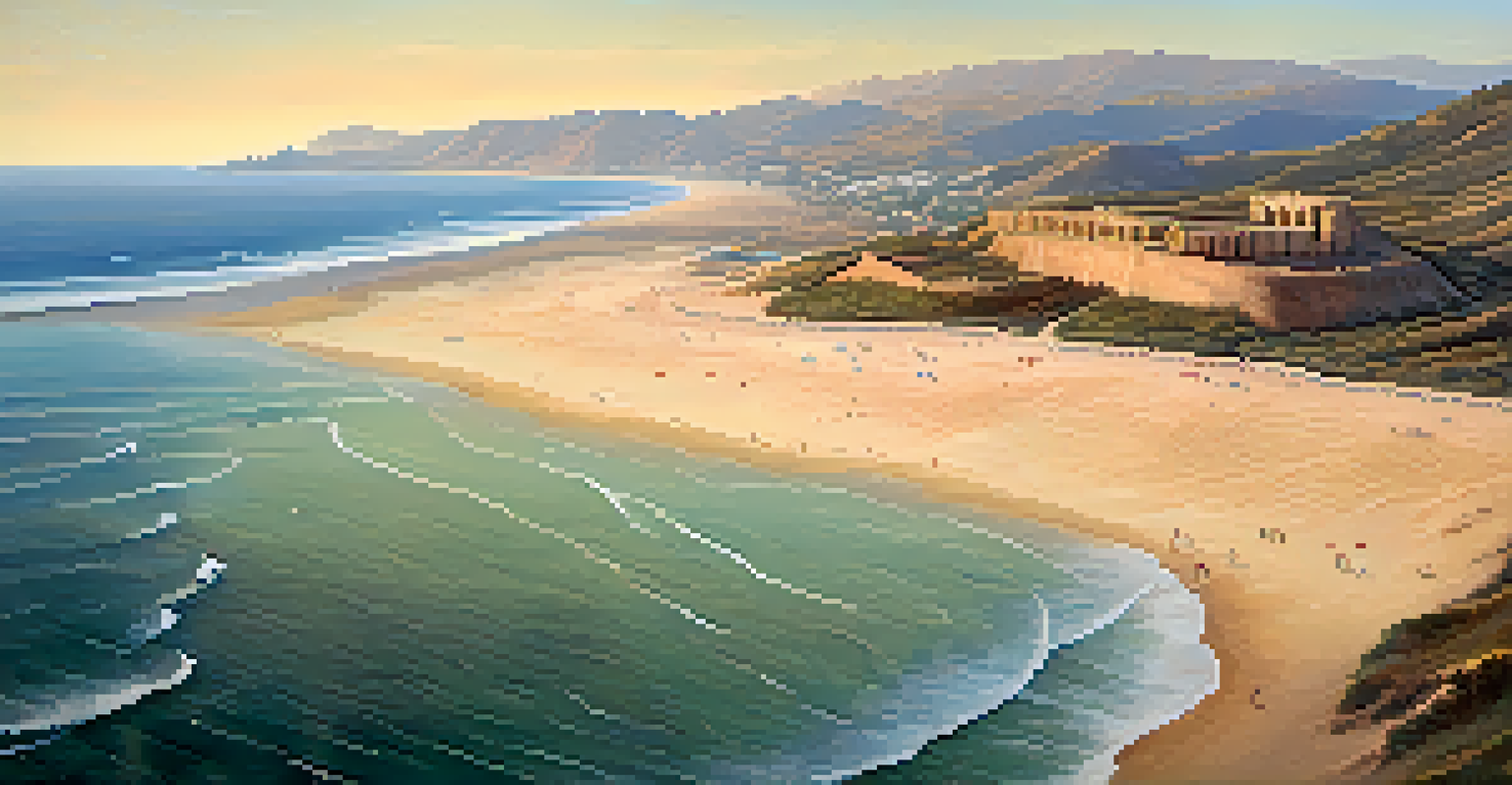 An aerial view of Playa de Bolonia featuring golden sands and ancient ruins at sunset.