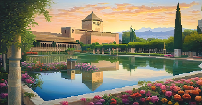 A picturesque sunset view of the Alhambra palace surrounded by gardens and flowers, with warm golden light illuminating the architecture.