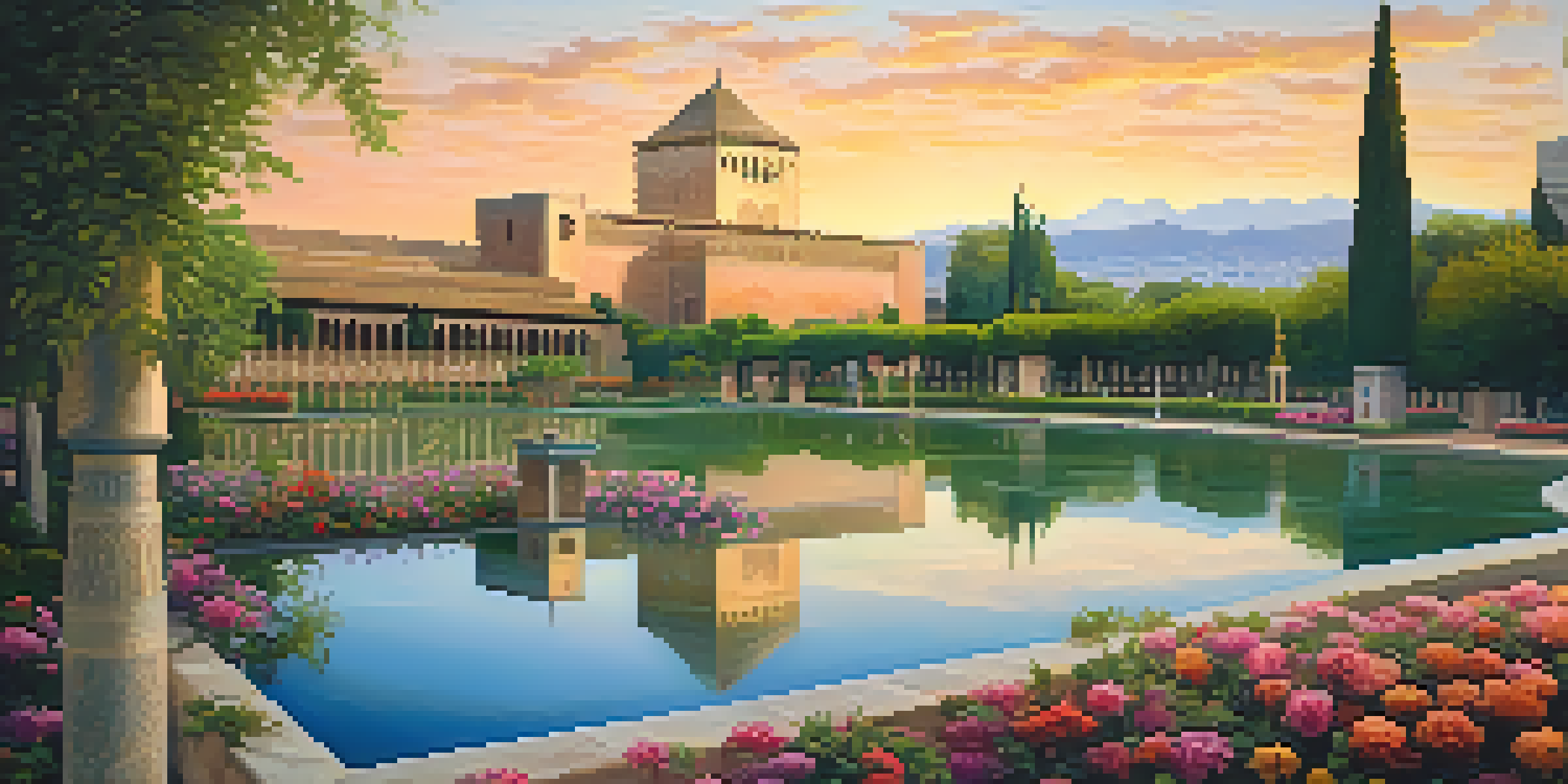A picturesque sunset view of the Alhambra palace surrounded by gardens and flowers, with warm golden light illuminating the architecture.