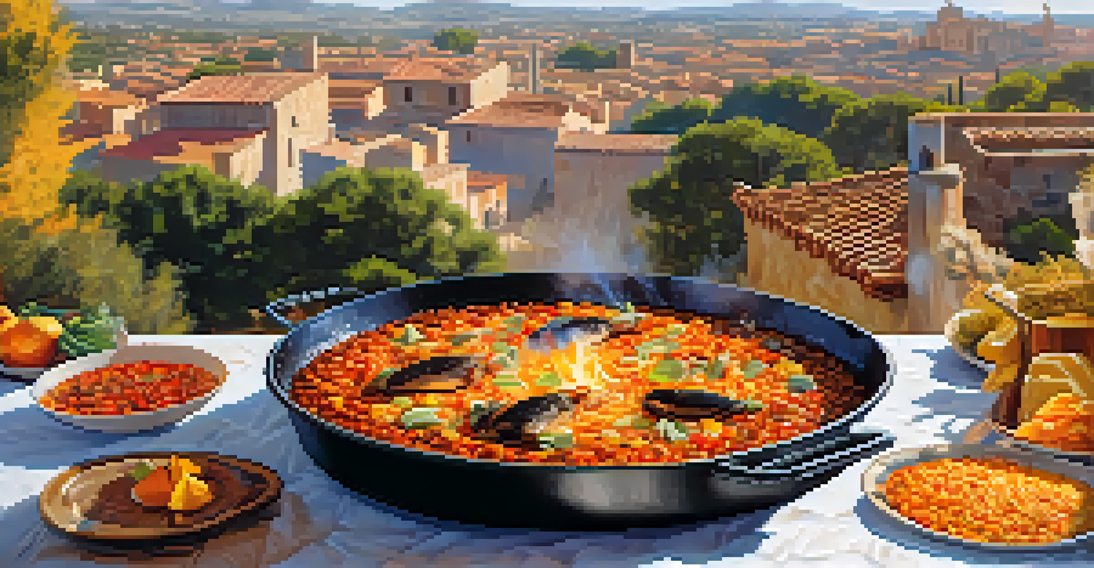 A large paella pan cooking over an open flame, filled with chicken, rabbit, and vegetables, set against a sunny Valencia backdrop.