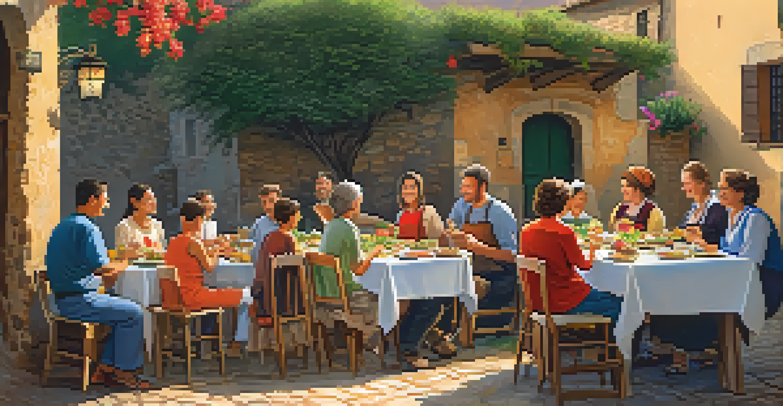 Volunteers enjoying a traditional meal with local families in a rustic Spanish village, surrounded by charming houses.