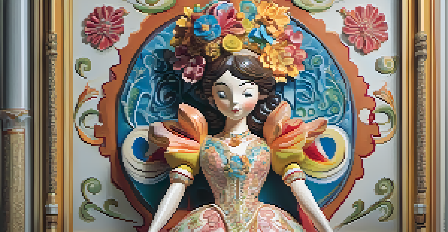 A detailed close-up of a colorful falla sculpture showcasing intricate designs and textures.