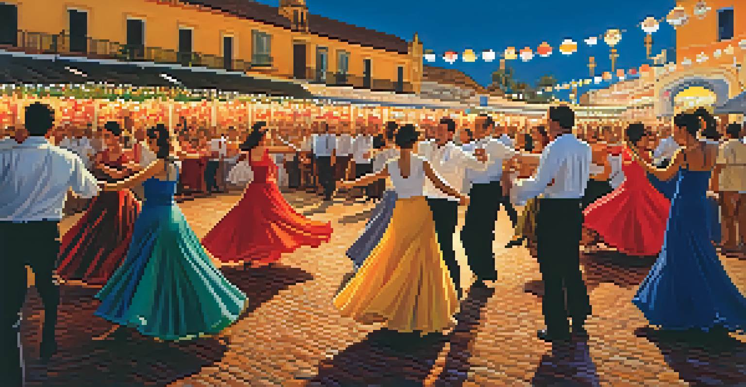 Flamenco dancers in colorful dresses celebrating at Feria de Abril in Seville, with festive lights and decorations in the background.