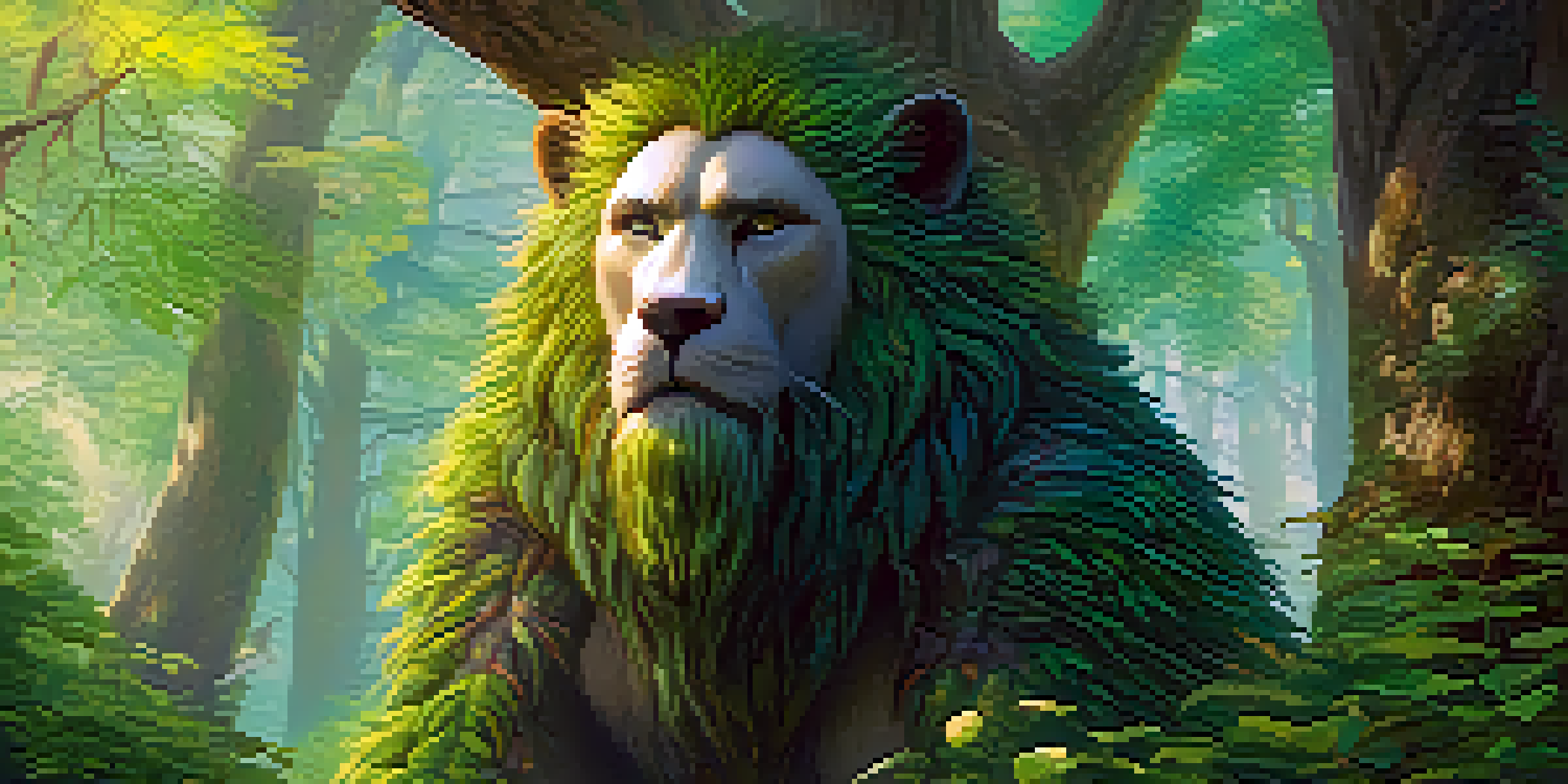 A large, hairy humanoid figure representing Basajaun stands in a lush, green forest, surrounded by trees and sunlight.