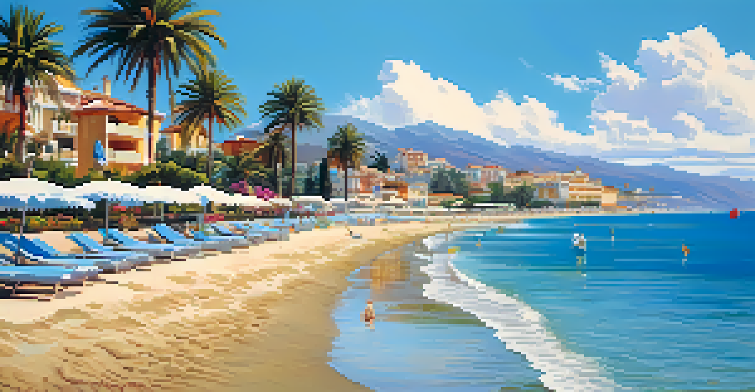 A peaceful beach scene in Costa del Sol, with sun loungers, umbrellas, and palm trees under a clear blue sky.